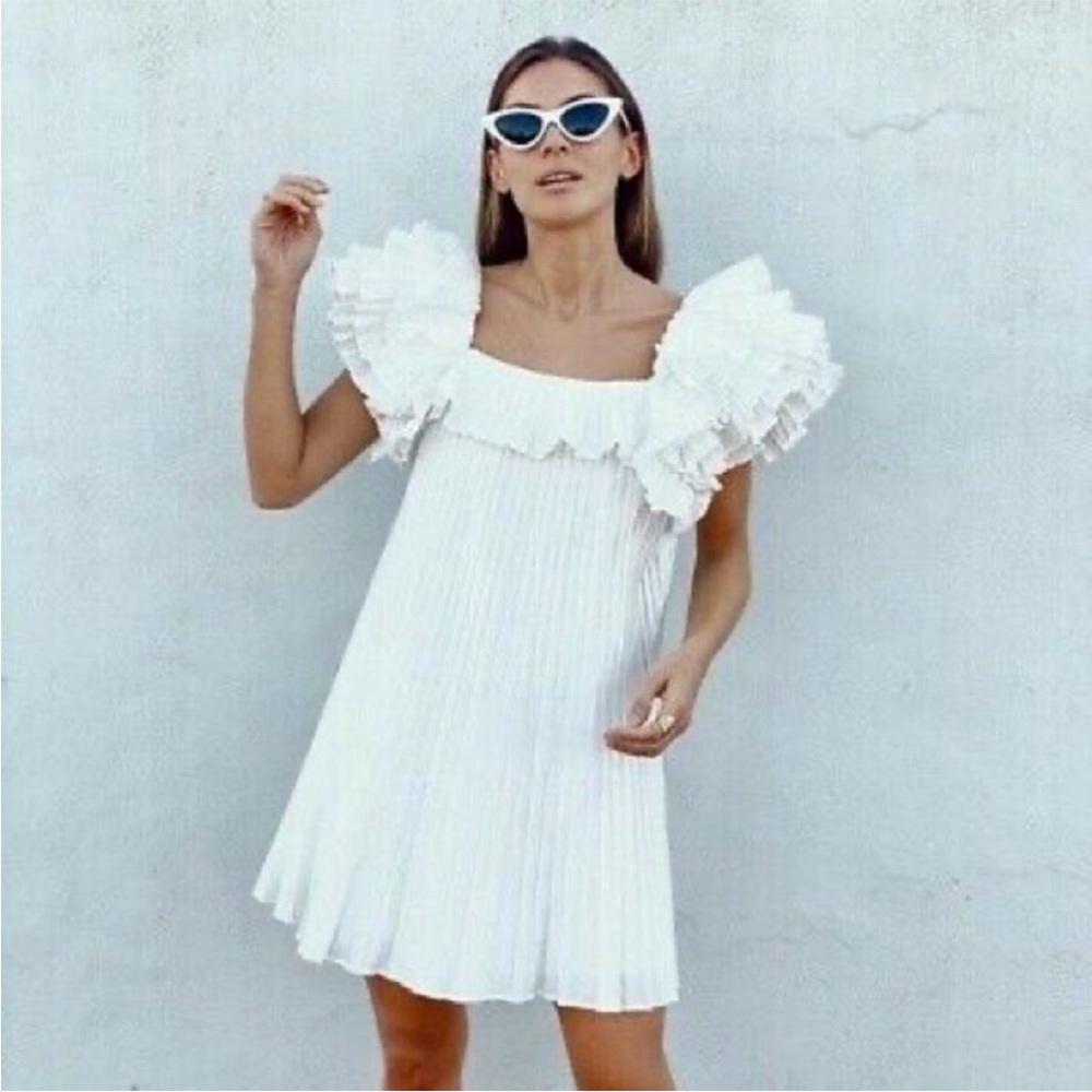 ZARA white ruffle pleated mini dress